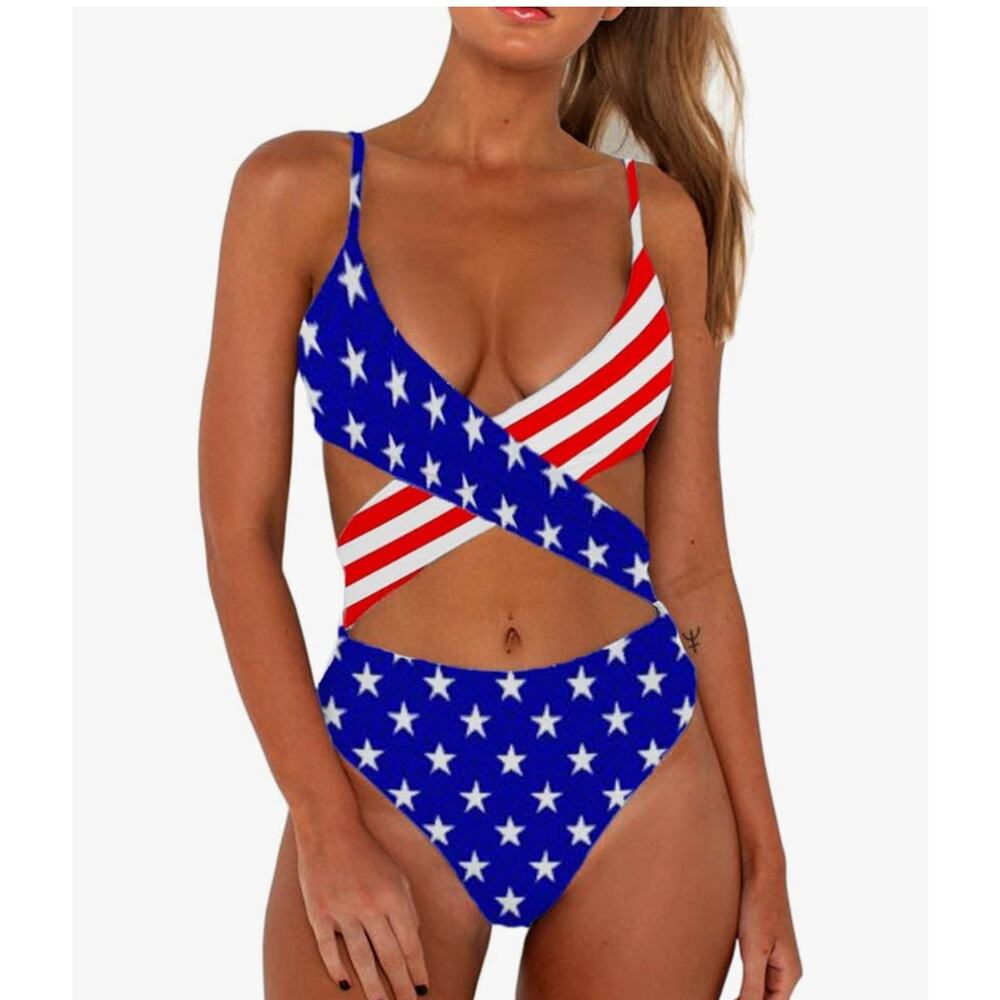CHYRII *NEW* American Flag Sexy Criss Cross High Waisted Cut Out Swimsuit Sz XL